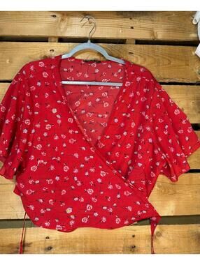 SHEIN Curve red floral wrap top